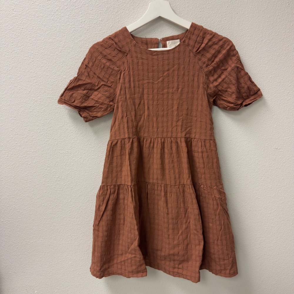 Vignette Tiered Dress Girls 14Y Rust Brown Good Textured Cotton Boho Puff Sleeve